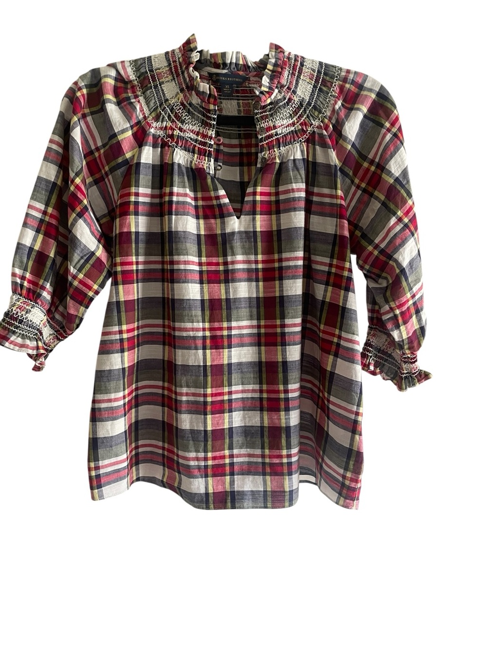 Brooks Brothers Madras Smocked Popover Top XS Plaid Boho Coastal Blouse